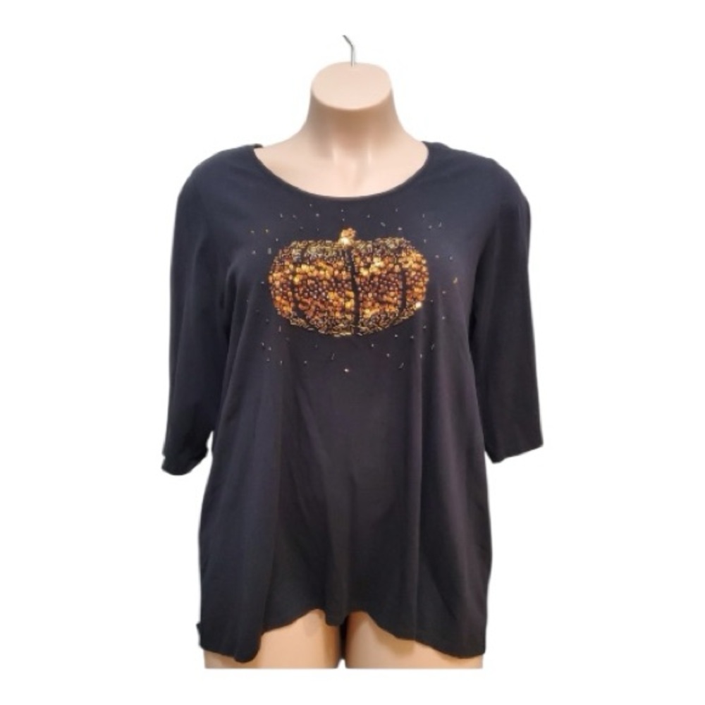 Catherines Women's Plus Black Top with Gold Pumpkin Design - 4X